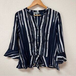 Habitat Navy & White Striped Button Front Blouse with Bell Sleeves Sz S